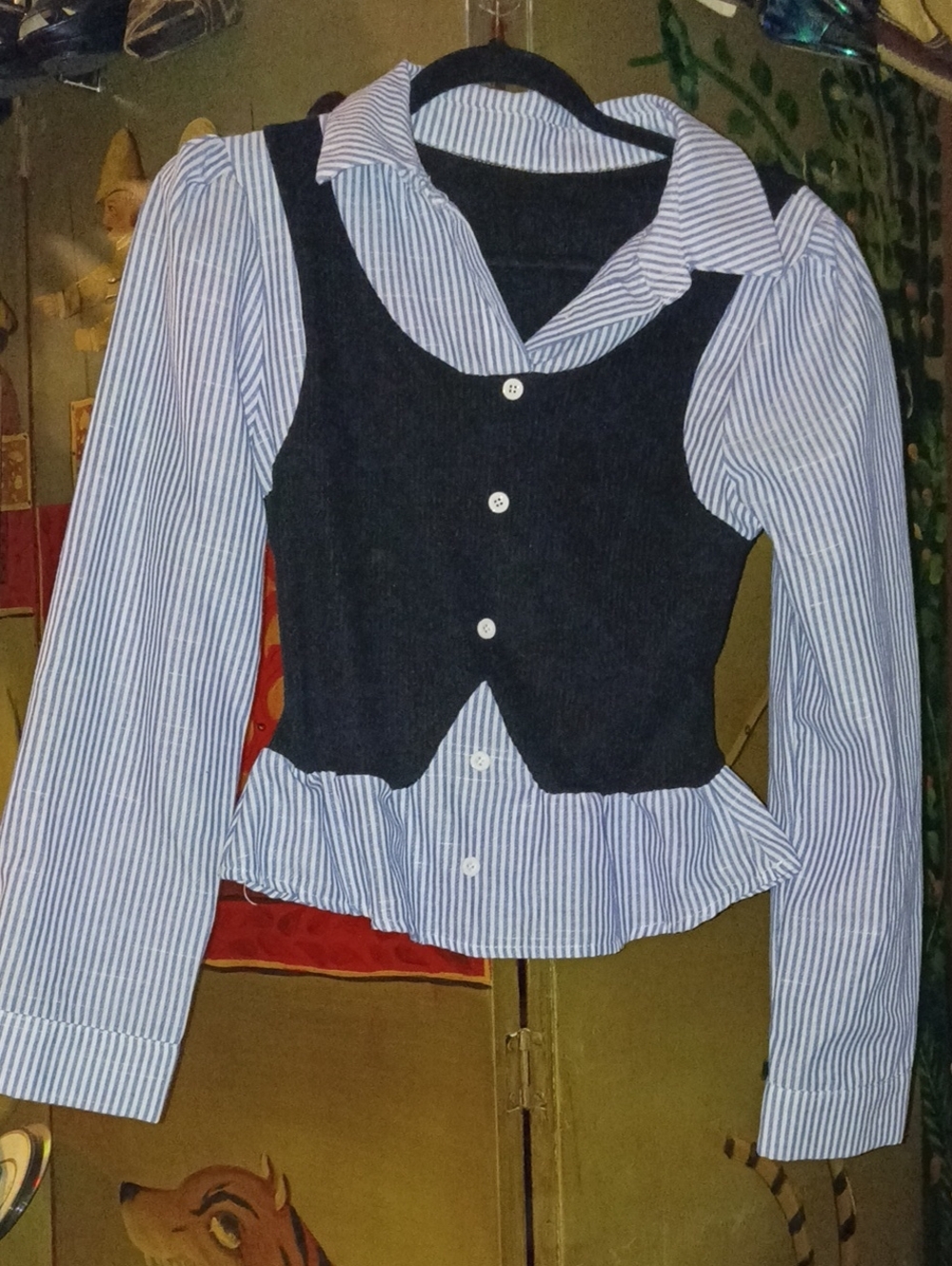Striped Button-Front Blouse with Black Vest Overlay